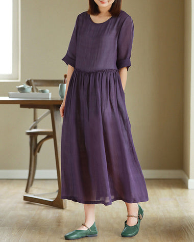 High Waist Slimming Loose Round Neck Long Dresses with Belt