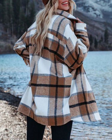 Flannel Shacket Jacket Plaid Lapel Button Down Long Sleeve Oversized Shirts with Pocket