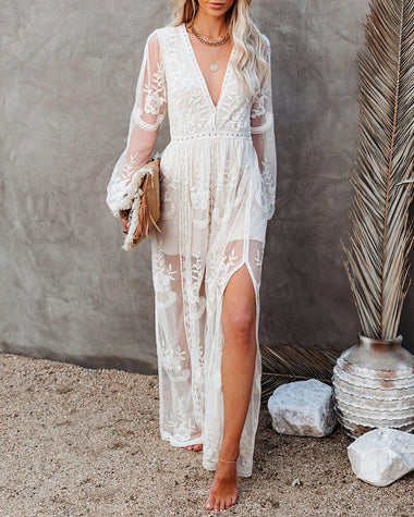 Floral Embroidery Lace Long Dress Deep V Neck Long Sleeve See Through ZEAGOO Floral Embroidery Lace Long Dress Deep V Neck Long Sleeve See Through ZEAGOO