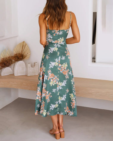 Spaghetti Strap Midi Dresses Sexy Deep V Neck Backless Floral Print Side Slit Maxi Dress