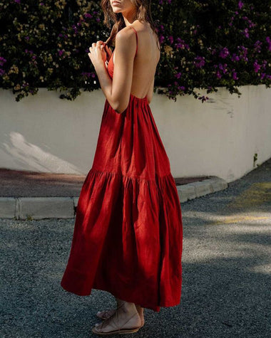 Tiered Low Back Sundress Solid Strap Big Swing Backless Maxi Dress