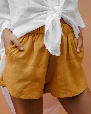 Elastic Waist Cotton Linen Wide Leg Shorts with Pocket