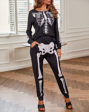 Zeagoo Skeleton Print Top & Pocket Design Pants Set