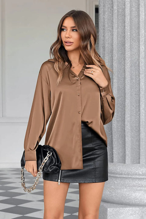 zeagoo womens satin silk shirt v neck long sleeve button down shirt casual loose office blouse tops