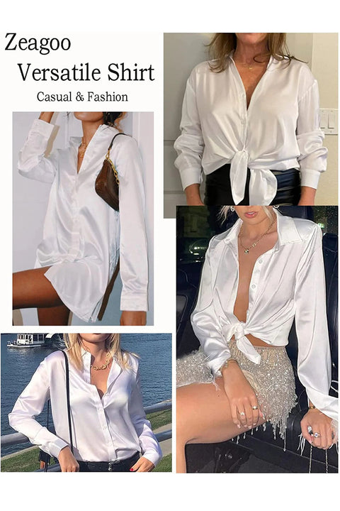 zeagoo womens satin silk shirt v neck long sleeve button down shirt casual loose office blouse tops