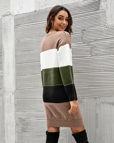 Color Block Round Neck Knitted Dress