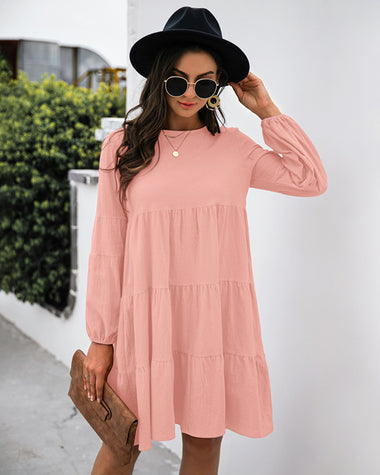 Long Puff Sleeve Shirt Dress Casual Crewneck Loose Fit Sundress Trendy Tiered Layer Summer Mini Dresses