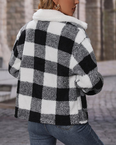 Double Sided Fleece Long Sleeve Plaid Jacket