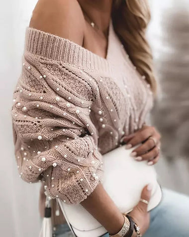 Sexy Twist V-neck Beads Long-sleeved Knit Sweater