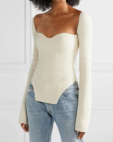 Square Neck Ribbed Knitted Sweater