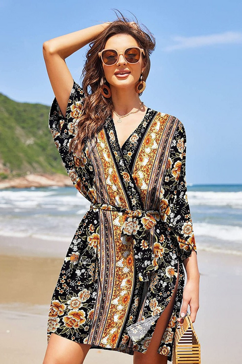 zeagoo women floal kimono swimsuit cover up summer beach v neck loose cardigans duster with tie
