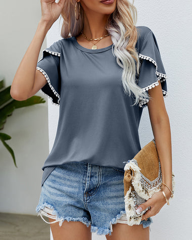 Pom-Pom Trim Flutter Sleeve Round Neck Tee Casual Blouses Tops