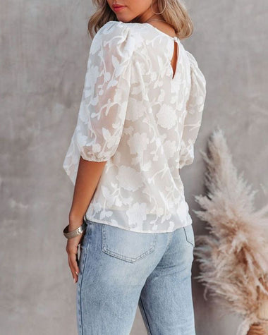 Five Quarter Sleeves Puff Sleeves Round Neck Top Chiffon Loose Flower Texture Casual Shirt