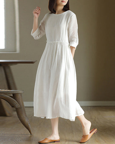 High Waist Slimming Loose Round Neck Long Dresses with Belt
