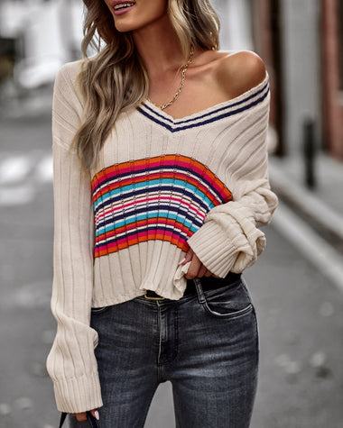 Striped Contrast V-Neck Dropped Shoulder Sweater