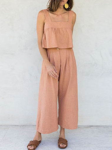 Square Neck Sleeveless Button Crop Tank Top and Elastic Wide Leg Pants Set