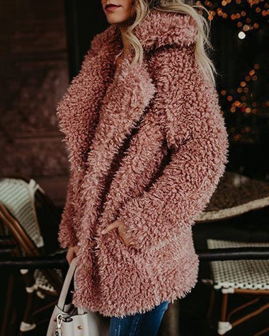 Pink Teddy Bear Coat Winter Warm Loose Oversized  Fleece Jacket Pockets Faux Fur Coat