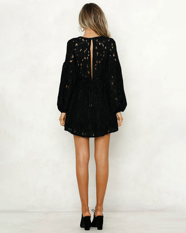 black swing dress with lace sleeves Topvintage Boutique Collection Topvintage Exclusive ~ Ella Lace Swing Dress in Black