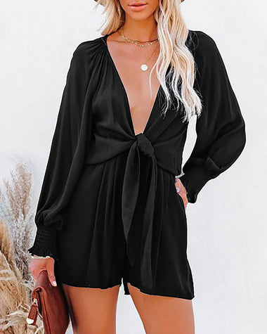 Long Sleeve Front Ties V Neck Shorts Jumpsuit