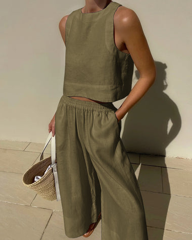 Womens Summer 2 Piece Outfits Sleeveless Slim Crop Tank Top and Casual  Loose Baggy Flowy Wide Leg Palazzo Long Pants 