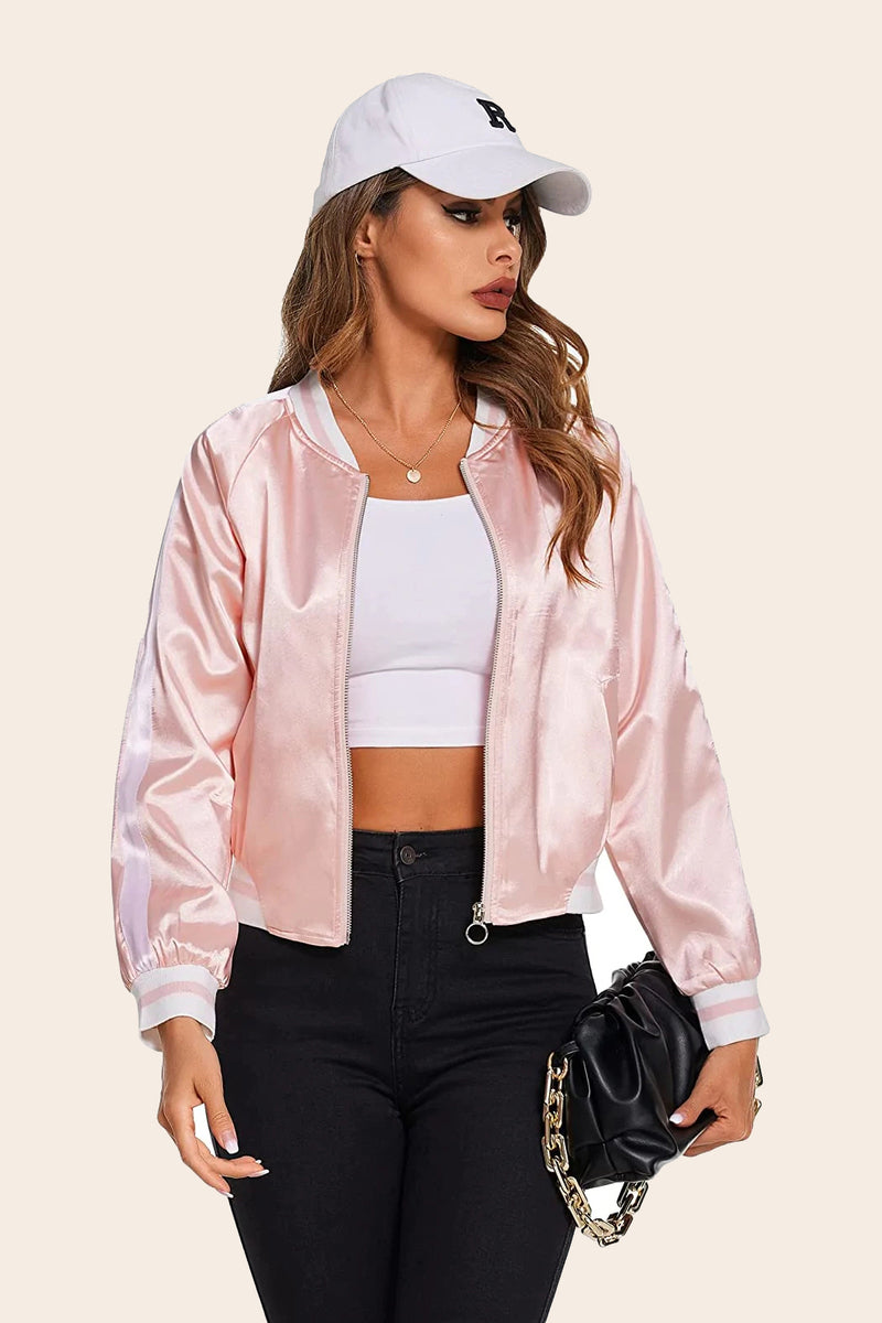 Zeagoo Women's Classic Solid Striped Biker Jacket Zip Up