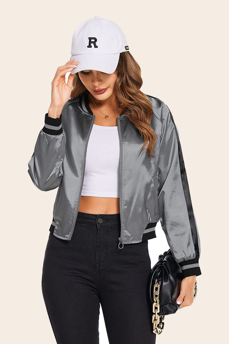 Striped Biker Jacket Zip Up Bomber Jacket - Zeagoo (Us Only)