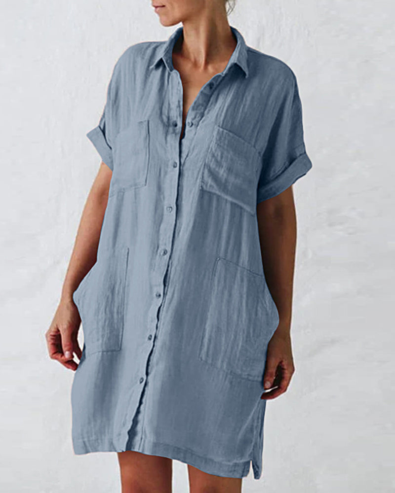 Button Down Long Sleeve V Neck Plain Oversized Dresses Slim Beach Vaca ...