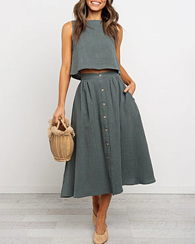 Crew Neck Side Pockets Single Breasted Casual Outfit Solid Color Sleeveless Short Vest Midi Skirt Set