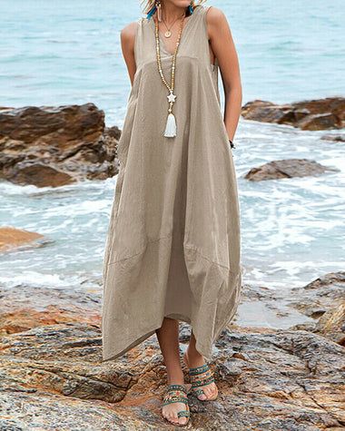 Dress V Neck Sundress Casual Solid Baggy Maxi Flowy Dresses with Pockets