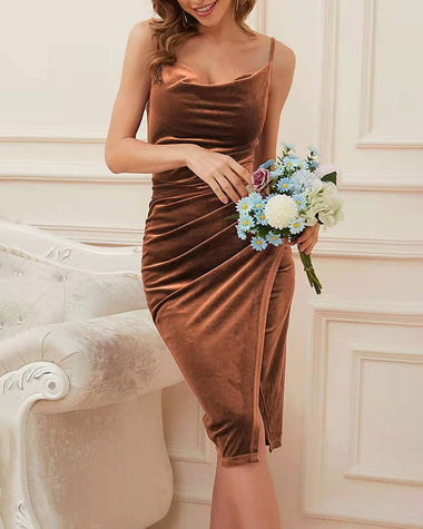Slit Pleated Velvet Slip Evening Dress