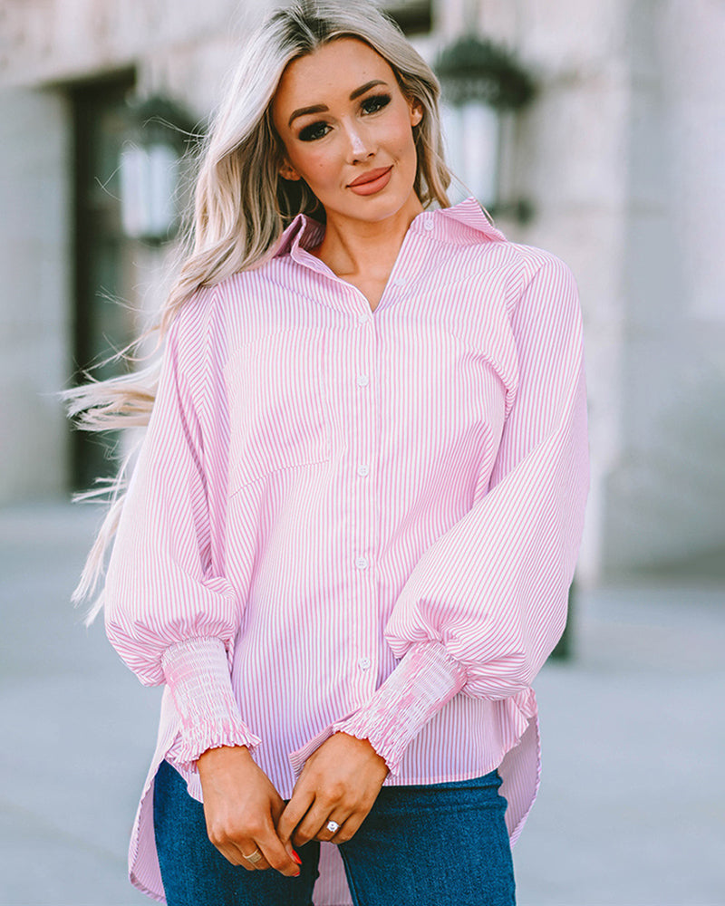 Stripe Button-Down Long Sleeve Shirt Contrast Business