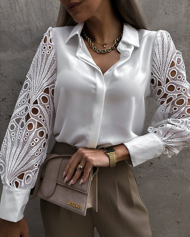 Elegant Lace V-NeckShirt Solid Color Hollow Out Long Sleeve Patchwork Blouse