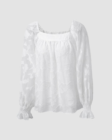 Ruffle Sleeve Solid Color Pullover Square Neck Chiffon Top