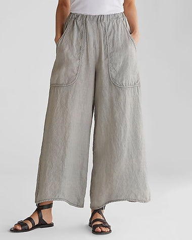 Basic Mid Elastic Waist Wide Legs Cotton Cropped Beach Pants Trousers with Pockets
