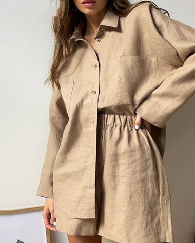 Two Piece Outfits Lapel Collar Long Sleeve Button Down Shirt Tops Shorts Set