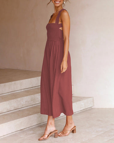 Elastic Waist Cross Straps Solid Casual Dress Sleeveless A-Line Summer Maxi Dress