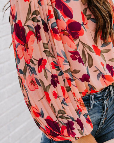 Casual Floral Shirts Top Tunics Loose Print V Neck Long Sleeve Blouses