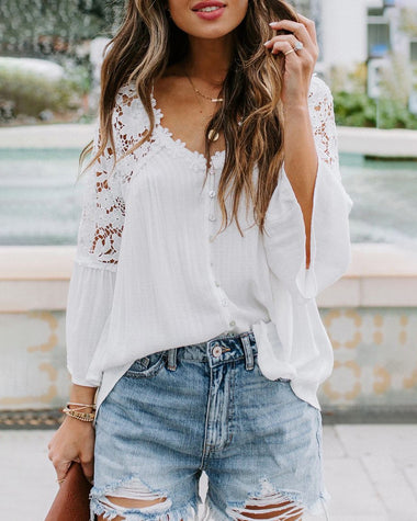 Lace Boho Blouses Crochet Flowy Bell Sleeve Button Down Casual T Shirts