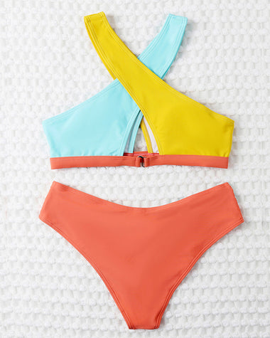Halter Neck 2 Piece Swimsuit Front Cross Color Matching Bikini Beachwear