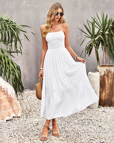 Sleeveless Lace-up Backless Smocked Tiered Maxi Dress Boho Long Beach Sundresses