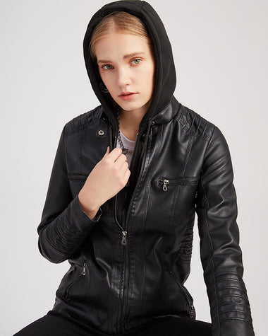 Removable Hooded PU Faux Leather Jackets Coats