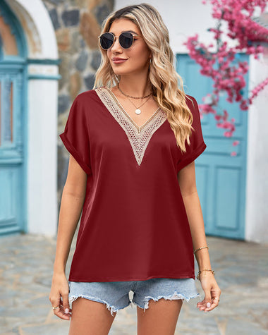 Short Sleeve V Neck Blouse Top Lace Trim Casual Summer Tee Shirt