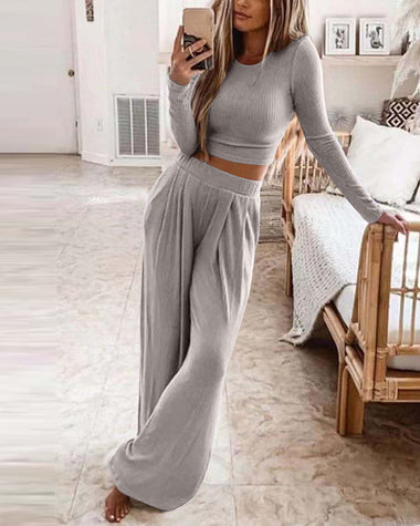 Two Pieces Sets Long Sleeve Crop Thread Top Casual High Waist Wide Leg Pants