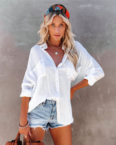 Solid Color V Neck Long Sleeve Button Down Blouse with Pockets