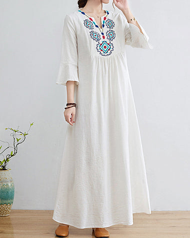 Loose Embroidered Floral Cotton Linen V-Neck 3/4 Sleeve Dress