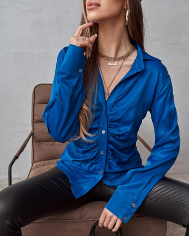 Solid Color Long Sleeve Blouse Pleated Elegant Cardigan Shirt