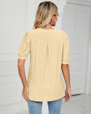 Short Sleeve Pom Pom Hollow Out Shirts Vintage V-Neck Solid Color Blouse Tops