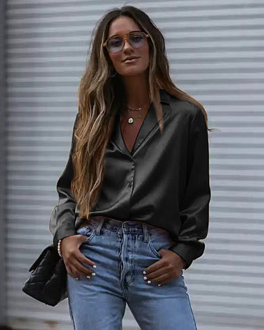 Long Sleeve Shirts Casual Lapel Collar V Neck Single Breasted Tunic Blouse