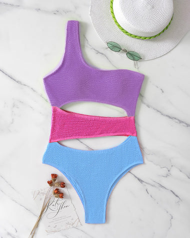 Color-Panel Crinkled Cutout One-Piece Swimsuit