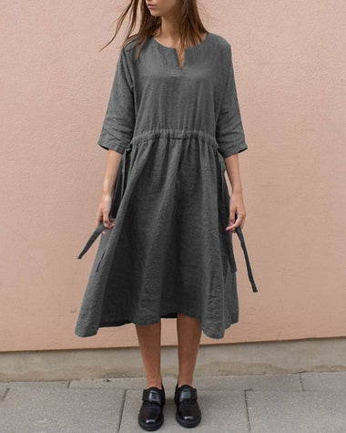 Cotton And Linen V-Neck Lace up Pocket 3/4 Length Sleeve Summer Dresses